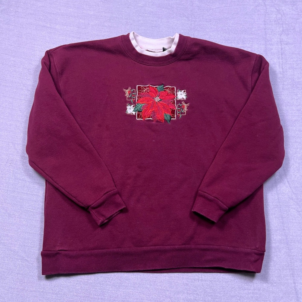 C&B Sport by‎ Croft & Barrow Womens Burgundy Poinsettia Embroidered Crewneck LG